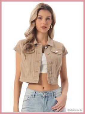 Women's Cropped Denim Jacket Short Sleeve Jean Jacket Summer
